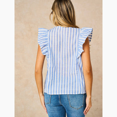 Embroidered Striped Ruffle Sleeve Cotton Shirt in Blue