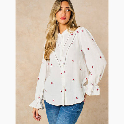 Floral Long Sleeve Double Gauze Cotton Shirt in White