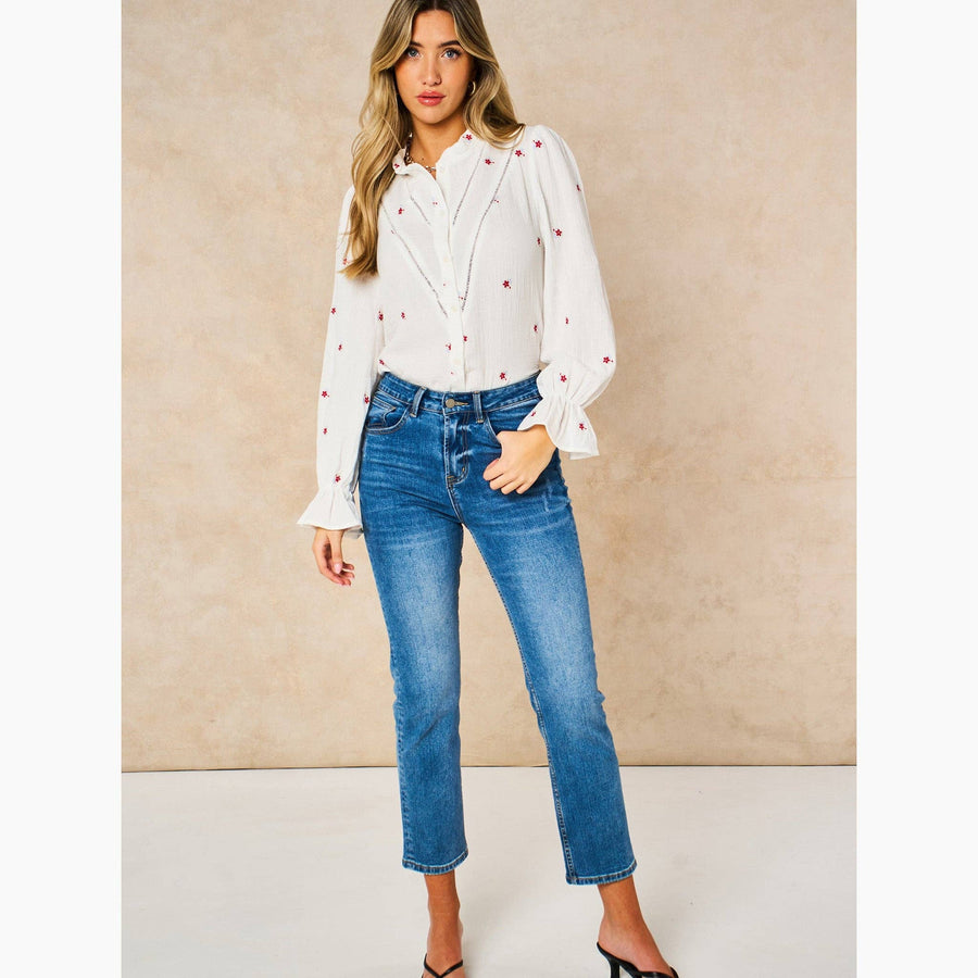 Floral Long Sleeve Double Gauze Cotton Shirt in White