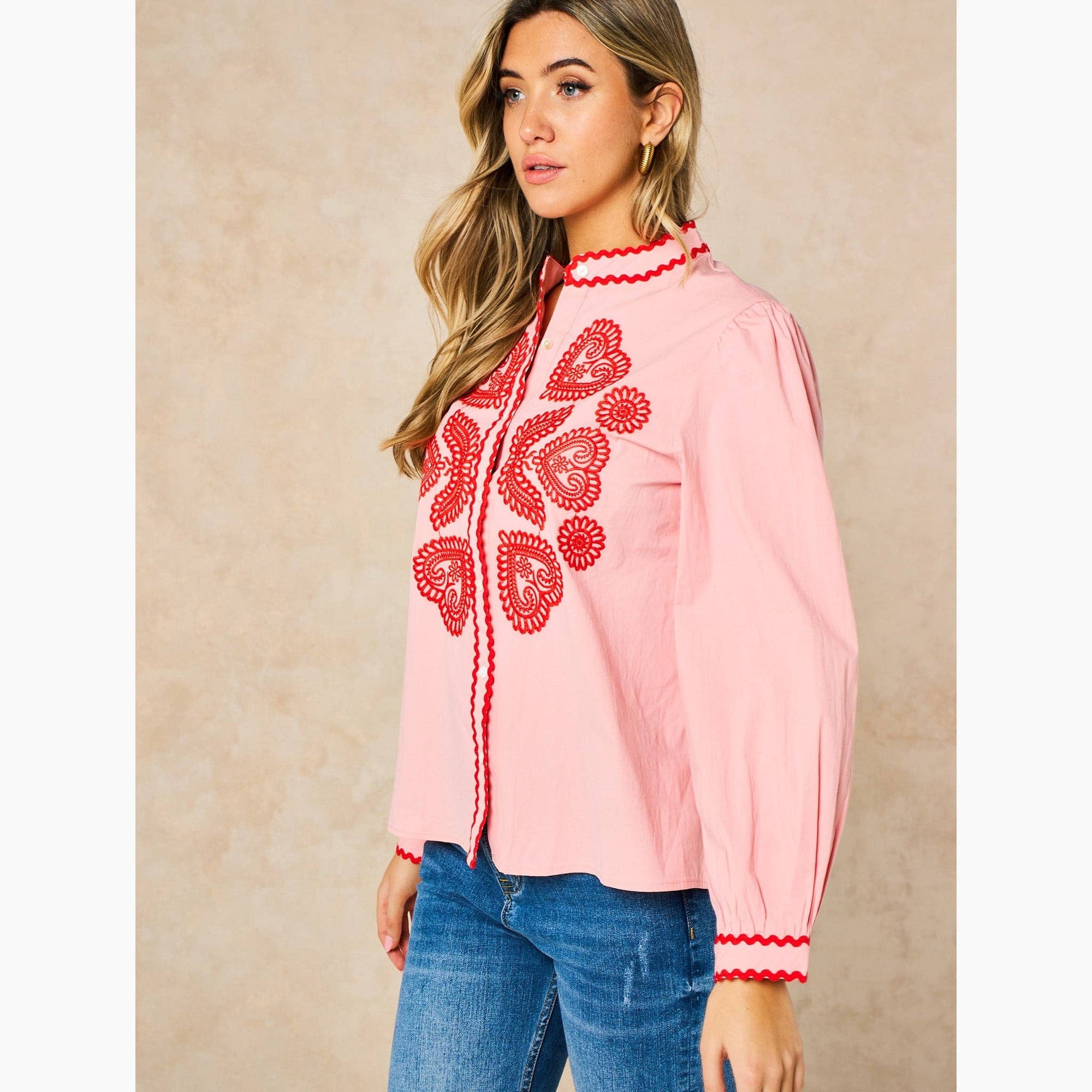 Embroidered Hearts Long Sleeve Cotton Shirt in Pink