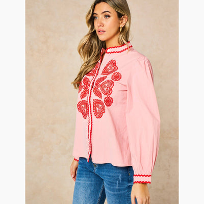 Embroidered Hearts Long Sleeve Cotton Shirt in Pink