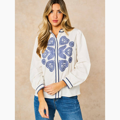 Embroidered Hearts Long Sleeve Cotton Shirt in White