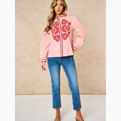 Embroidered Hearts Long Sleeve Cotton Shirt in Pink