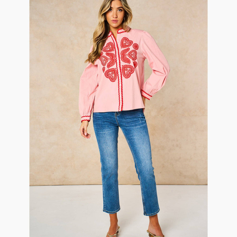Embroidered Hearts Long Sleeve Cotton Shirt in Pink
