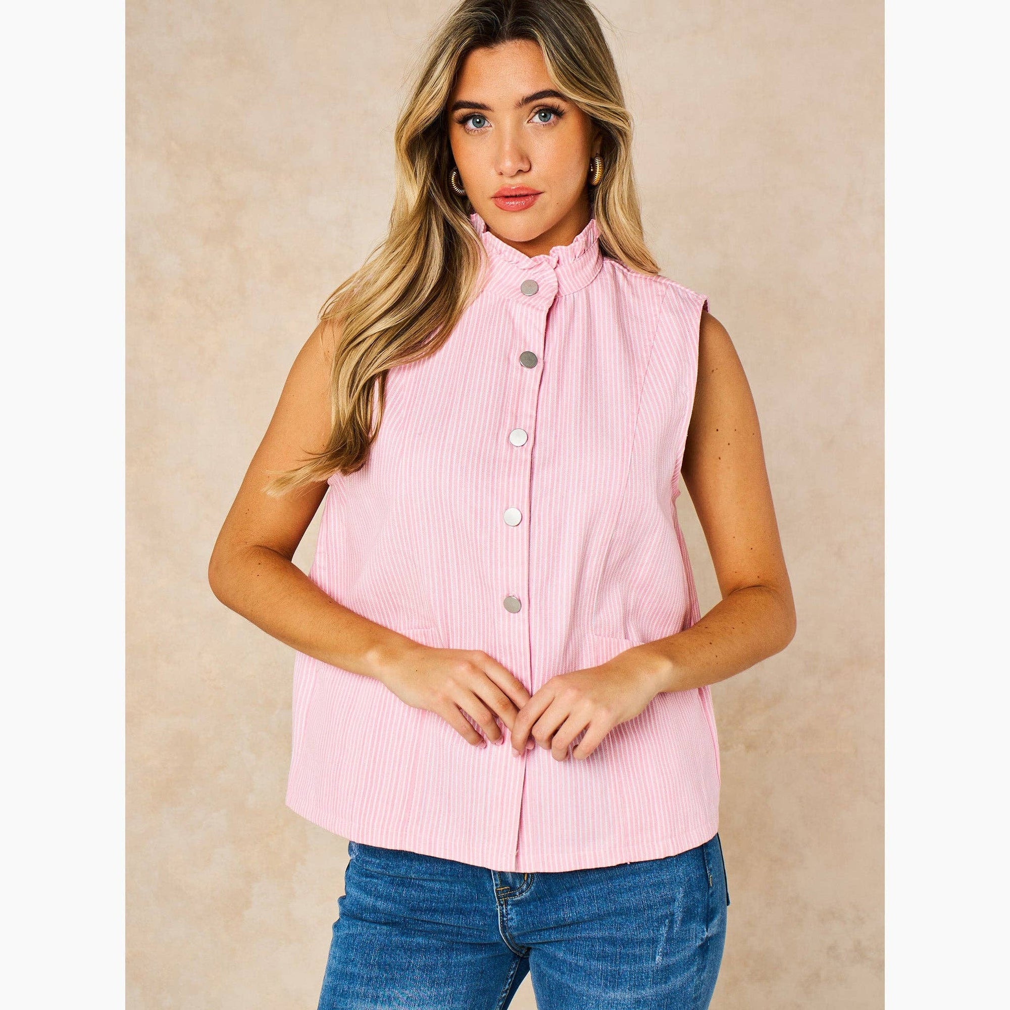 Candy Stripe Denim Gilet in Pink