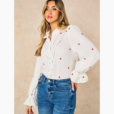 Floral Long Sleeve Double Gauze Cotton Shirt in White