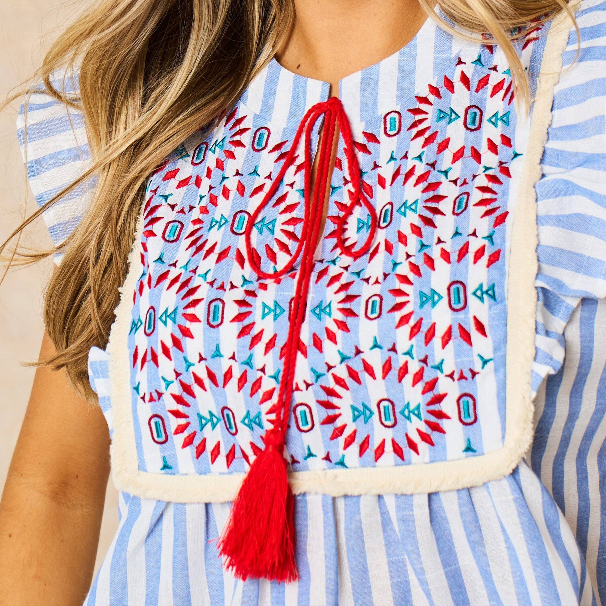 Embroidered Striped Ruffle Sleeve Cotton Shirt in Blue