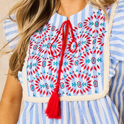 Embroidered Striped Ruffle Sleeve Cotton Shirt in Blue