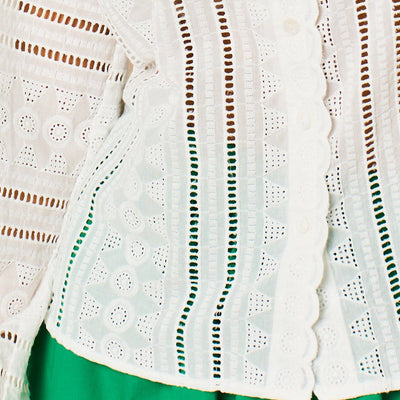 Embroidered Frilly Long Sleeve Cotton Shirt in White