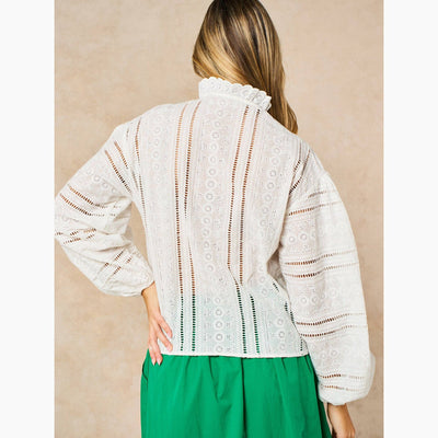 Embroidered Frilly Long Sleeve Cotton Shirt in White