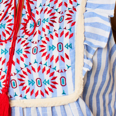 Embroidered Striped Ruffle Sleeve Cotton Shirt in Blue