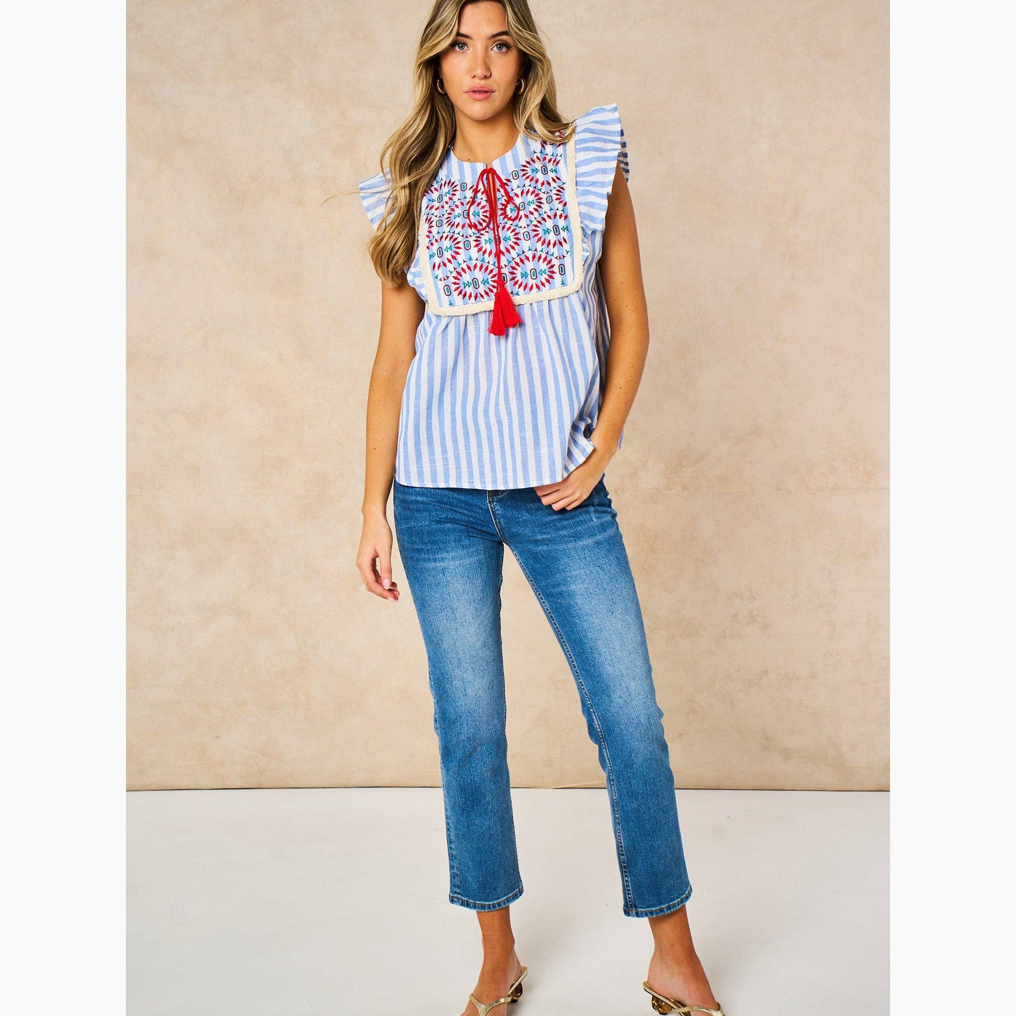 Embroidered Striped Ruffle Sleeve Cotton Shirt in Blue