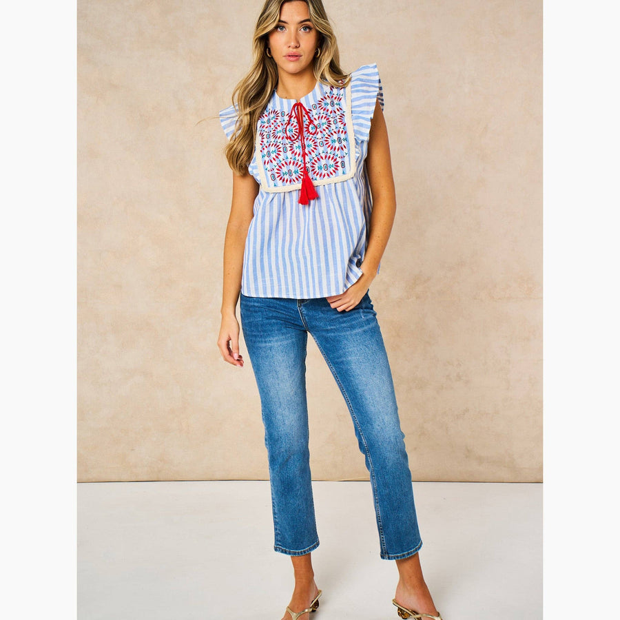 Embroidered Striped Ruffle Sleeve Cotton Shirt in Blue
