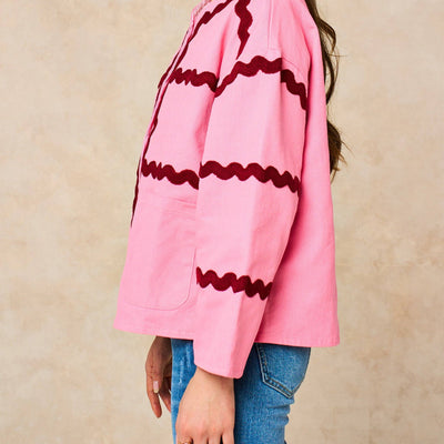 Wavy Trim Cotton Twill Jacket in Pink