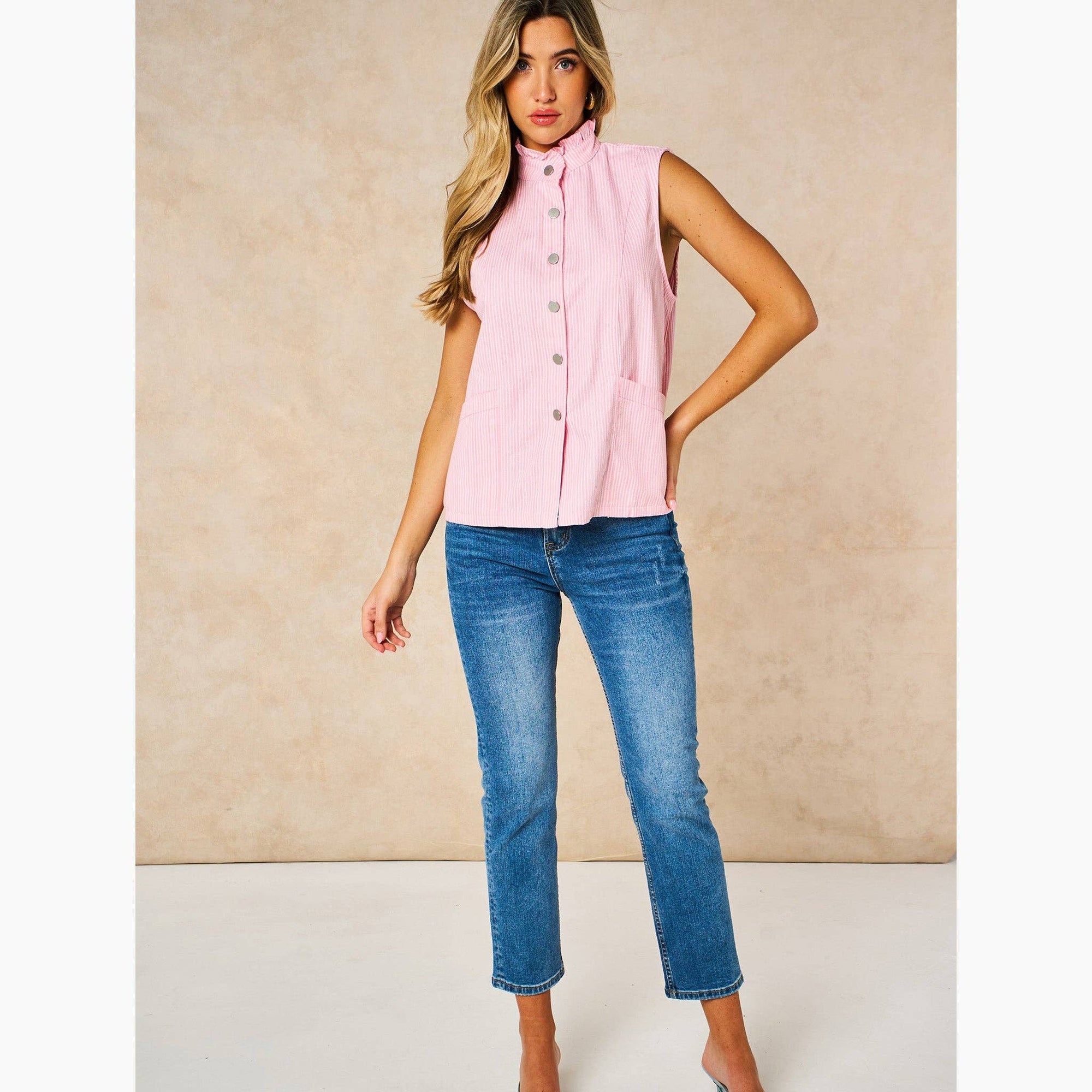 Candy Stripe Denim Gilet in Pink