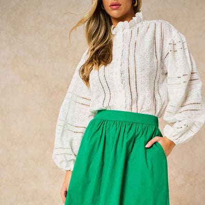 Embroidered Frilly Long Sleeve Cotton Shirt in White