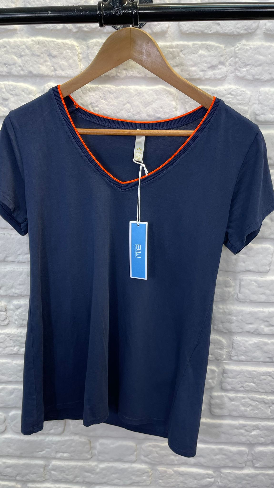 Aurina Ltd Neon Trim T shirt in navy with red trim, front view