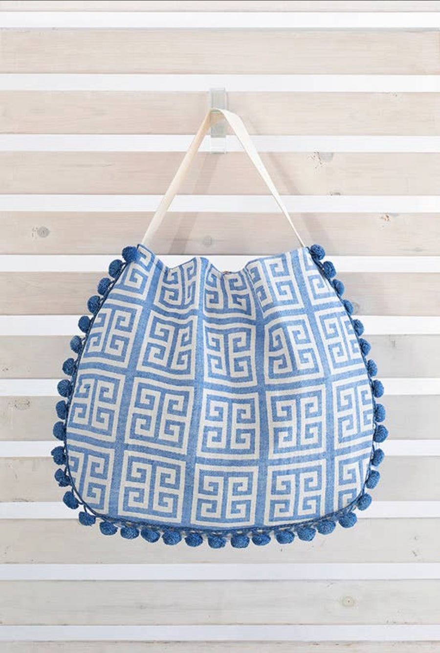 Meandros Blue Pom Pom Beach Bag