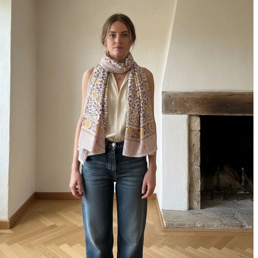 Rust Floral Block Printed Tassel Scarf