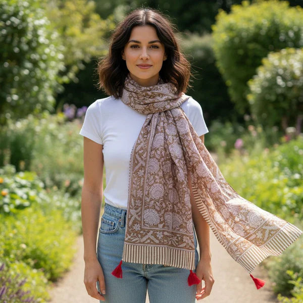 Ochre/Red Block Printed Tassel Scarf