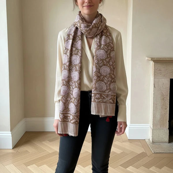 Ochre/Red Block Printed Tassel Scarf