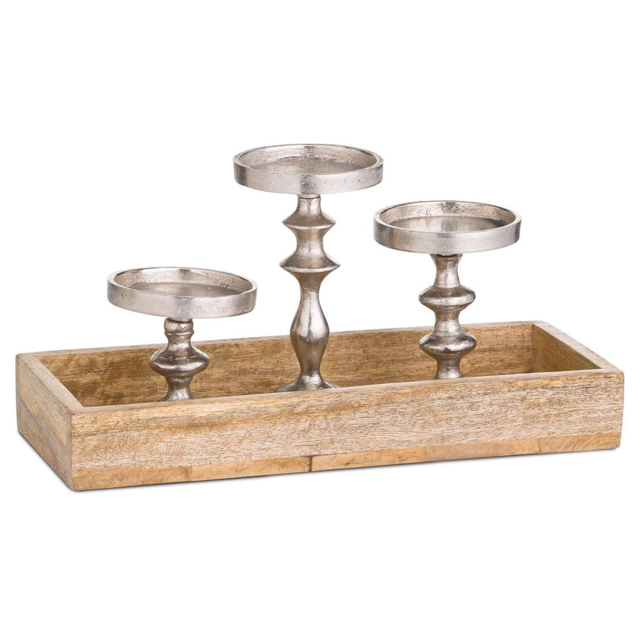 Hardwood Tray with Three Indian Silver Candle Holders - Aurina Ltd