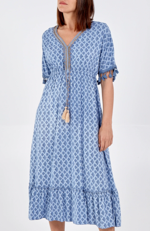 Tassel Frill Hem Midi Dress China Blue - Aurina Ltd