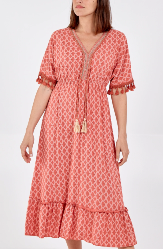 Tassel Frill Hem Midi Dress Coral - Aurina Ltd