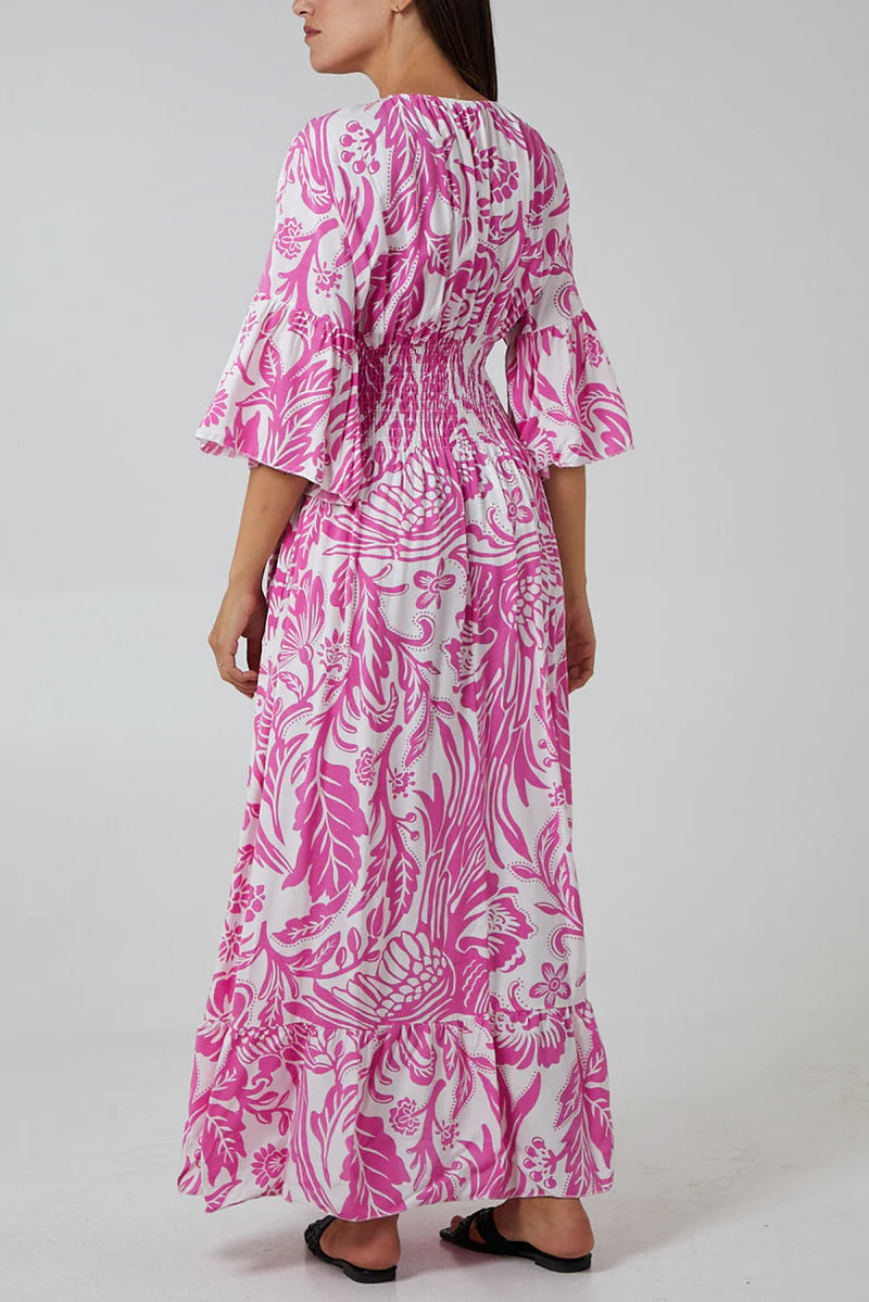 Mono Print Maxi Shirring Dress