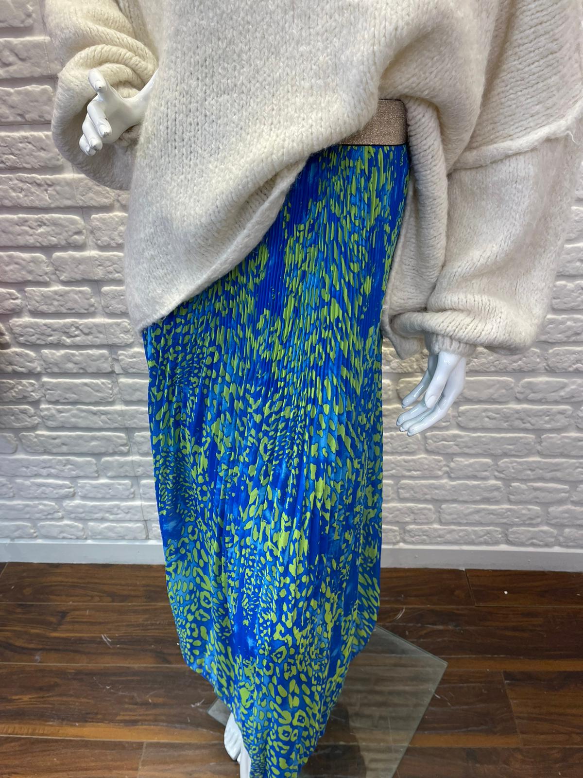 Pleated Abstract Leopard Print Skirt - Pale Blue and Pale Green