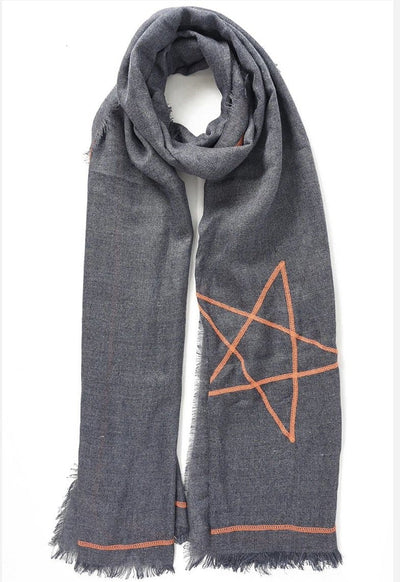 Embroidered Star Scarf Navy Blue & Orange - Aurina Ltd