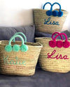 Personalised Pom Pom Straw Basket - Aurina Ltd