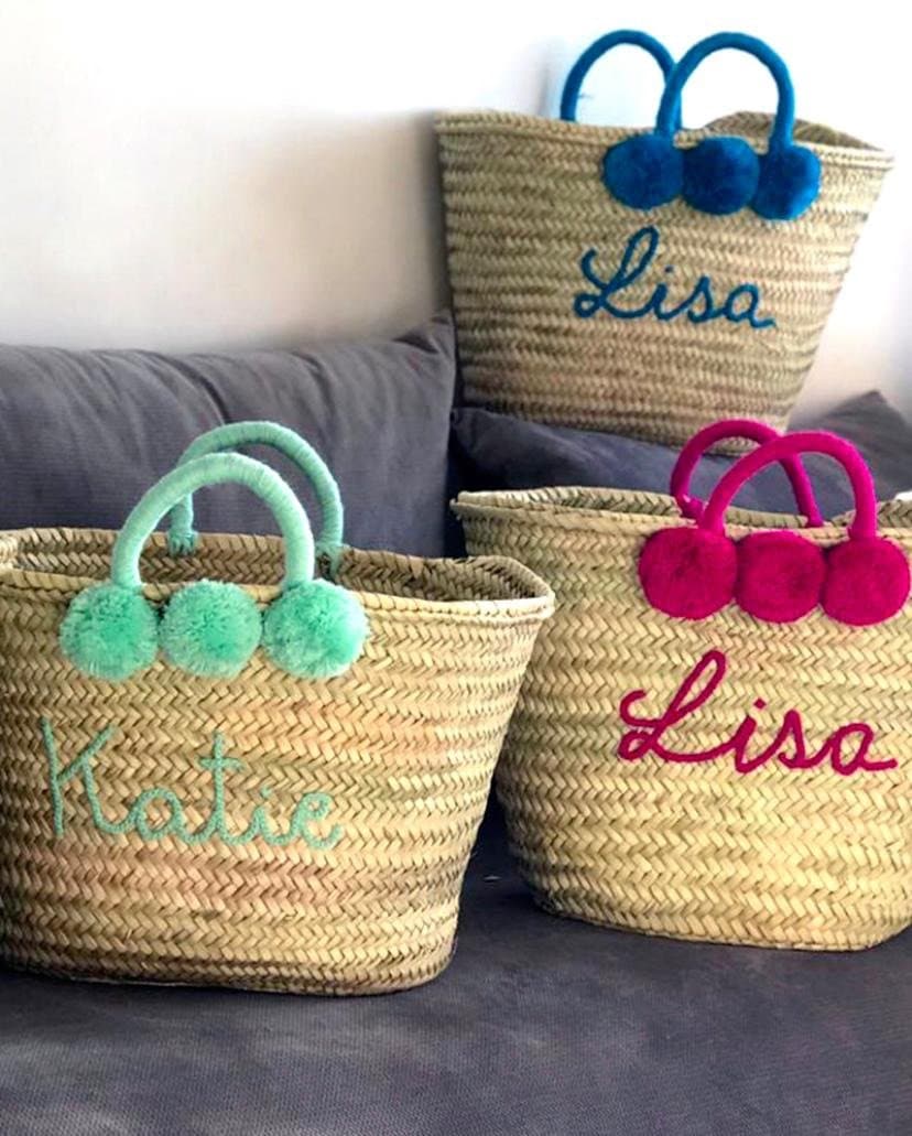 Personalised Pom Pom Straw Basket - Aurina Ltd