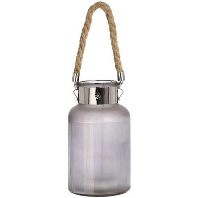 Frosted glass jar with rope handle and interior LED lights - Aurina Ltd