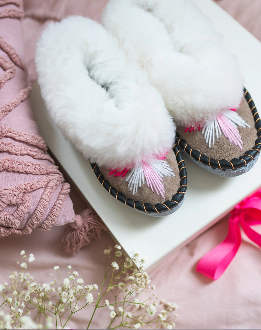 Handmade Embroidered Sheepskin Slippers Pink - Aurina Ltd