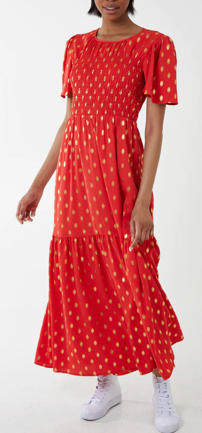 Gold Leaf  Shirring Maxi Dress Red