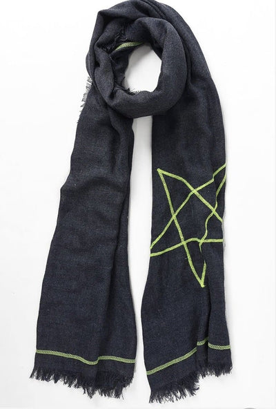 Embroidered Star Scarf Navy & Neon Yellow - Aurina Ltd