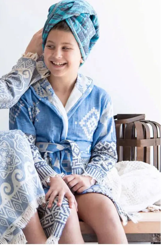 Kentima kids bathrobe - pale & navy blue - Aurina Ltd