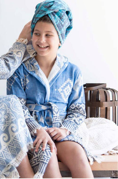 Kentima kids bathrobe - pale & navy blue - Aurina Ltd