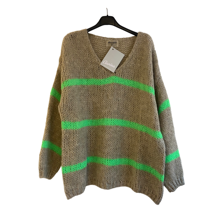 Nerissa Stripe Chunky Jumper - Oatmeal and Neon Green