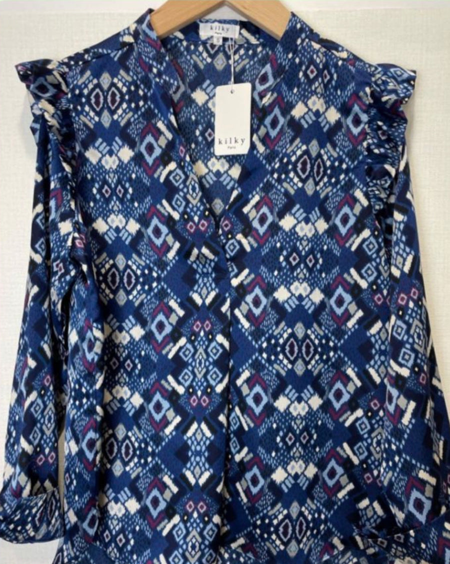 Blue Geometric Aztec Blouse - Aurina Ltd