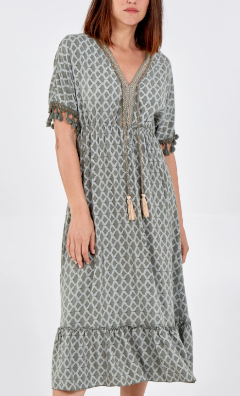 Tassel Frill Hem Midi Dress Khaki - Aurina Ltd